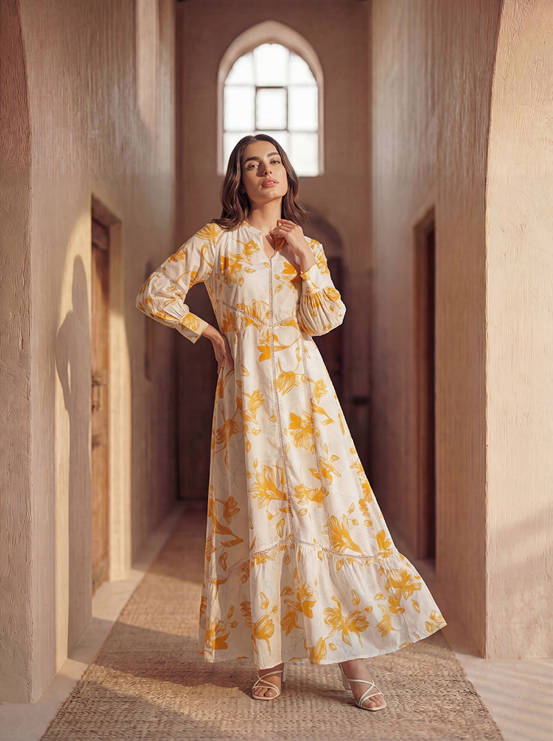 Floral Print Lace-Detail Maxi Dress